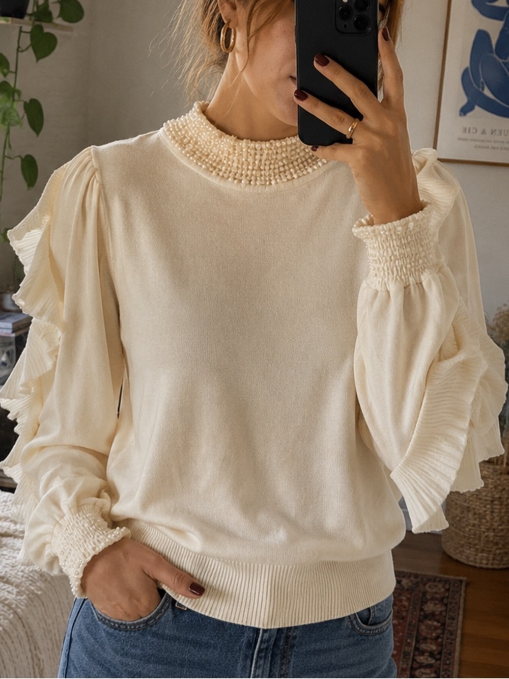 Mally Roncal Pearl Mock Neck Sweater XXS Ivory Ruffle Sleeve Romantic Elegant